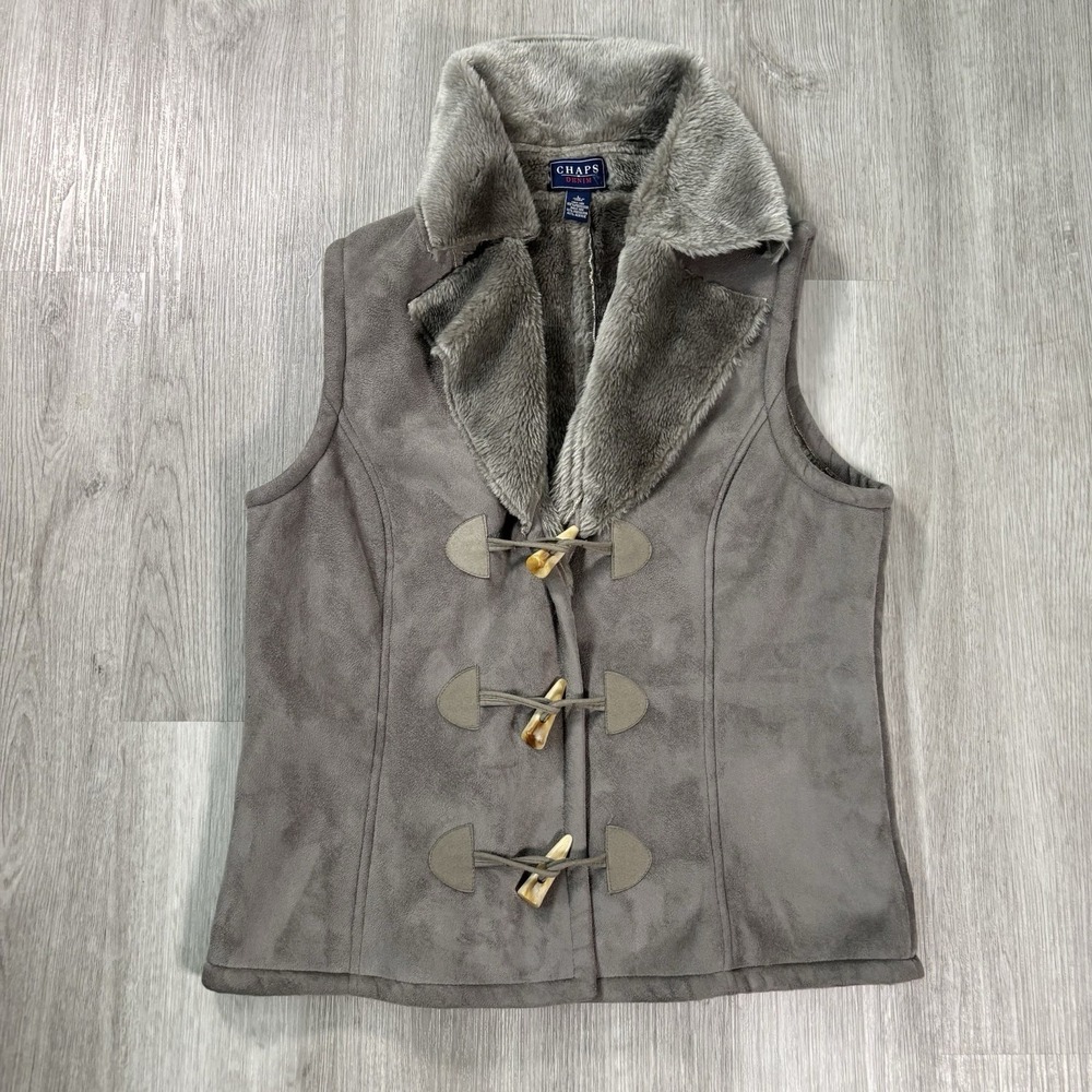 Chaps Denim Vest Gray Faux Suede Fur Collar Toggle Closure Sleeveless Large